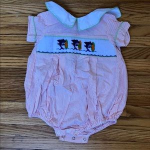 Baby orange stripe smocked shark bubble. 24 mo.